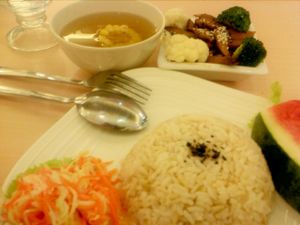 brown rice set meal-main course is abalone mushroom in sweet sauce accompany with clean sweet corn soup ,salad and watermelon,everything came in small portion.Taste wise it tended a bit sweet personally at Idealite - Jalan Gottlieb in Penang