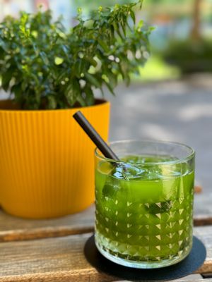 Iced matcha tonic made from premium matcha and sugar-free tonic. Perfect for a warm day. at NaTuri Café & Deli in Budapest