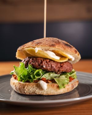 Burger vegetale, pesto di pomodori secchi, chips di patate, insalata e maionese vegana at Jolly Jumper in Cuneo