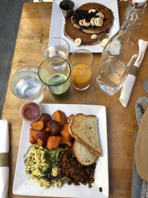 All American scramble and blueberry pancakes  at Sage Bistro - Cloud Kitchen in Culver City