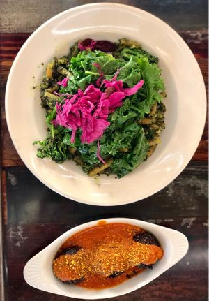 Quinoa pesto pasta, with a side of rice balls.  at Sage Bistro - Cloud Kitchen in Culver City