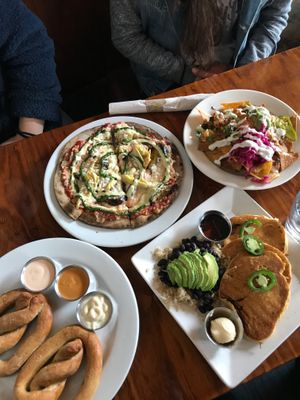 Cornbread jalapeño pancakes 
Eggplant Parmesan buckwheat crust pizza
GF Soft Pretzels
Nachos! at Sage Bistro - Cloud Kitchen in Culver City