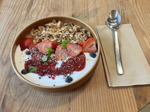 Vegan Granola Yogurt Bowl - No Honey  at Land Studio and Cafe in Chilliwack