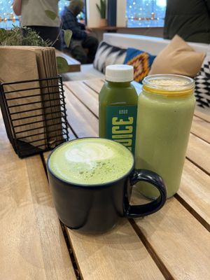 Matcha Oat Latte, Green Passion Smoothie, Green Juice (Cucumber, Celery, Kale, Spinach, Lime, Parsley, Ginger)  at Land Studio and Cafe in Chilliwack