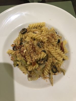 Fusilli pasta & capers, sundried tomatoes, artichokes,  at Cibo in Aosta