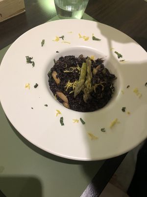 Black rice in a coconut cream sauce with asparagus   at Cibo in Aosta
