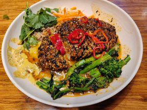 Far east bowl with chicken at Veggie Grill by Next Level - Downtown in Seattle