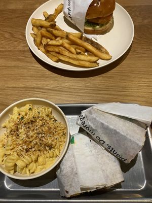 Burger and sandwich with Mac and cheese side  at Veggie Grill by Next Level - Downtown in Seattle