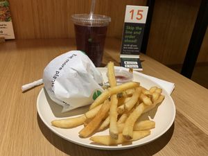 House Veggie Burger + Fries + Ice Black Tea at Veggie Grill by Next Level - Downtown in Seattle