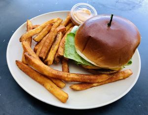 Burger and fries at Veggie Grill by Next Level - Downtown in Seattle