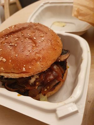 Steak burger with roasted mushrooms and vegan blue cheese-- delicious!! at Veggie Grill by Next Level - Downtown in Seattle