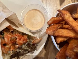 Teriyaki mini wrap, sweet potato fries and chipotle mayo  at Veggie Grill by Next Level - Downtown in Seattle
