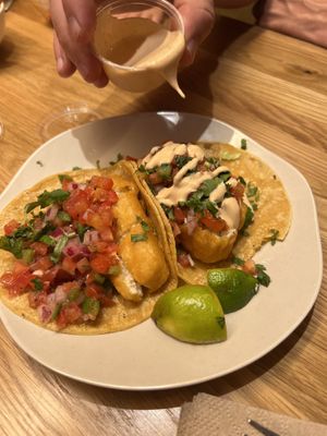 Fish tacos (ask for chipotle aioli)  at Veggie Grill by Next Level - Downtown in Seattle
