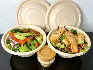 avocado bacon cobb salad + sesame tofu supergreens salad (takeout) at Veggie Grill by Next Level - Downtown in Seattle