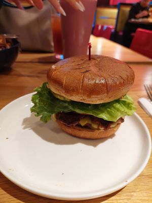 American chzburger w/ pepperjack at Veggie Grill by Next Level - Downtown in Seattle