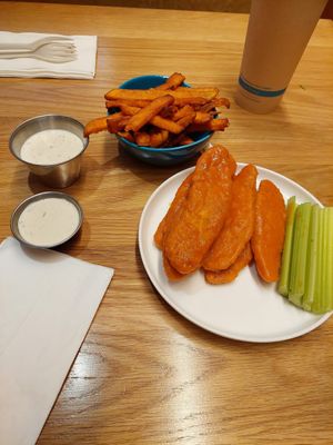 Buffalo tenders w/ sweethart fries at Veggie Grill by Next Level - Downtown in Seattle