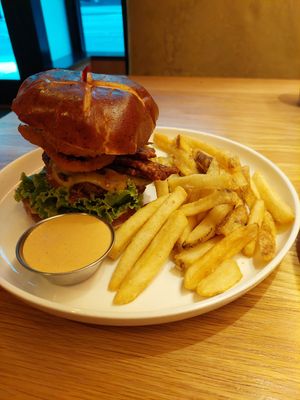 Maverick burger w/ crunchy fries at Veggie Grill by Next Level - Downtown in Seattle
