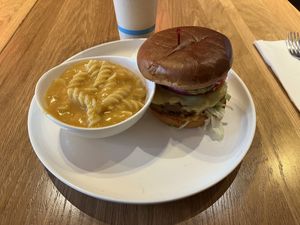 Burger + mac and cheese   at Veggie Grill by Next Level - Downtown in Seattle