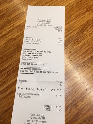 The check  at Veggie Grill by Next Level - Downtown in Seattle