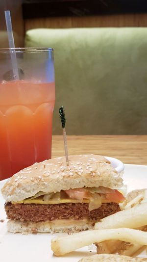 VG Beyond Burger, with french fries and strawberrie limonade at Veggie Grill by Next Level - Downtown in Seattle