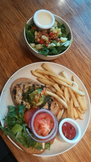 grillin chicken sandwich + small side salad at Veggie Grill by Next Level - Downtown in Seattle