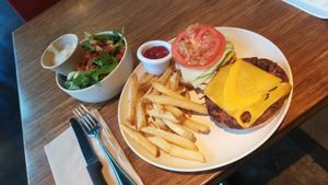 vg beyond burger + small side salad at Veggie Grill by Next Level - Downtown in Seattle