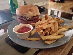 Plain steakhouse burger with double patty and double cheese at Veggie Grill by Next Level - Downtown in Seattle