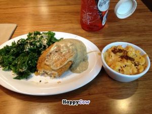 fried chickin' with cauliflower mashed potatoes and gravy, kale, and mac and cheese at Veggie Grill by Next Level - Downtown in Seattle