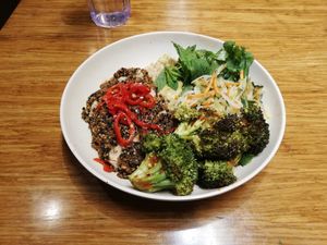 Spicy Asian bowl with vegan chicken - delicious! at Veggie Grill by Next Level - Downtown in Seattle