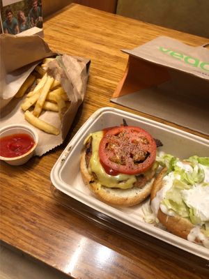 Steakburger and fries at Veggie Grill by Next Level - Downtown in Seattle
