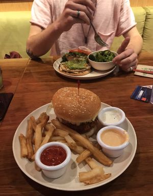 Crab cake burger & grilled chicken burger  at Veggie Grill by Next Level - Downtown in Seattle