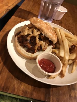A (bad) photo of my BBQ Beef Burger😍 at Veggie Grill by Next Level - Downtown in Seattle