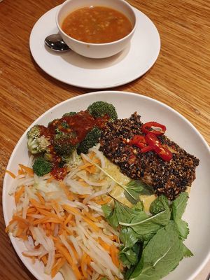 Barley beef soup and far east bowl at Veggie Grill by Next Level - Downtown in Seattle