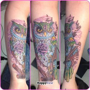 Owl tattoo with vegan pigments by Pike at Tattoo Charlie's Preston Hwy. at Tattoo Charlies in Louisville