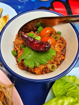 Vegan mince pork dish at muan in South West London