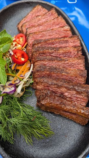 Grilled vegan flank steak at muan in South West London