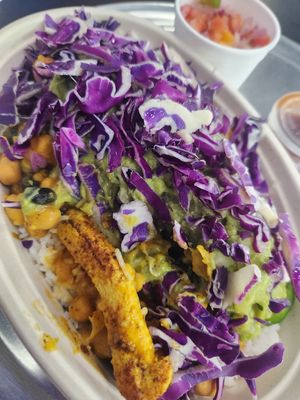 Bowl featuring vegan chicken! at Tikka Bowls And Tacos in Arlington