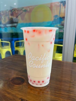 Dairy-Free Pineapple Milk Tea with Strawberry Boba Pearls (Staff verified that Boba pearls were vegan) at Pacific Counter  in Tampa