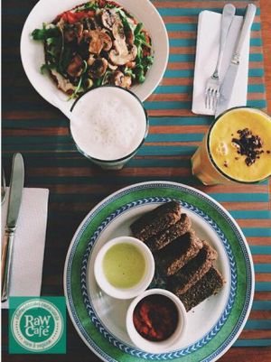 Vegan Nuggets: carrot, celery, green onion, brazilian nut and flax seed with two sauces at Raw Cafe in Lima