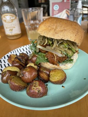 Vegan tempeh BBQ burger  at Raw Cafe in Lima
