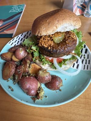 Mouthwatering spicy Mushroom Buffalo Burger  at Raw Cafe in Lima