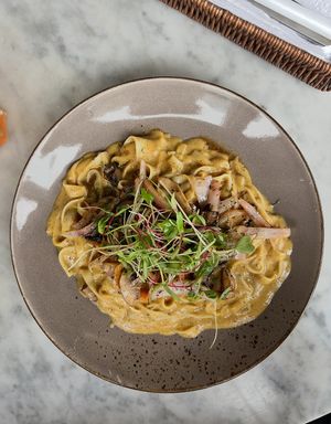 Fettuccine huancaina  at Raw Cafe in Lima