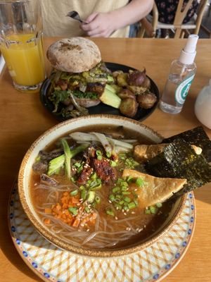 Miso ramen & tempeh burger  at Raw Cafe in Lima