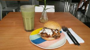 Smoothie Verde royal and Mushroom burger! at Raw Cafe in Lima