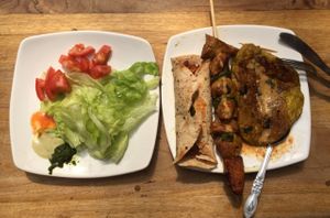 Salad, taco with beans, vegan brochette with ceitan and a ceitan beef. Super tasty at El Vegetariano in Quito