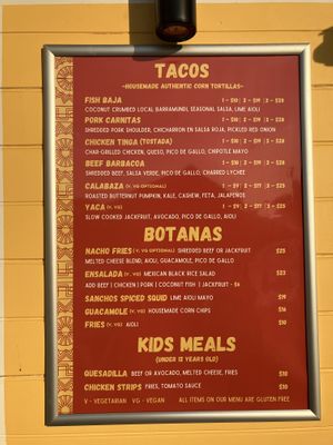 Menu  at Sanchos Taco Bar in Darwin