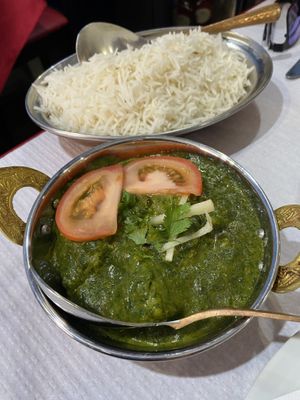 Vegan Aloo Palak (spinach with potatoes) + extra rice  at Namaste Indian Restaurant in Sao Miguel