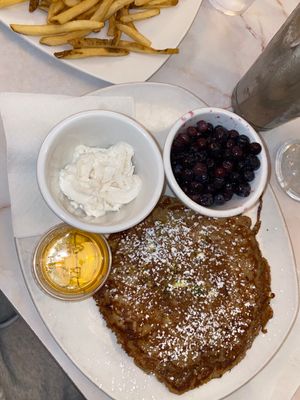 *New* OAT MILK PROTEIN PANCAKES ~ 40 grams of protein! Blueberries, pistachios, almond-coconut whipped cream, powdered sugar, agave. 13.99 at Silver Diner in Springfield