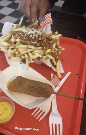 Corn dog and load fries at Massive Wieners in Prahran