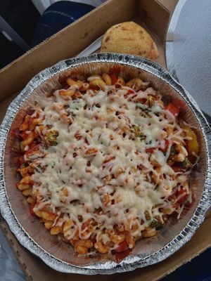 vegan sun setter mac with bread piece  at Zaronis Pizza in Oshkosh